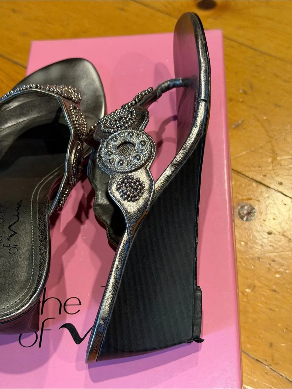 Touch of Nina Gunmetal Metallic Silver Beaded Sandals
